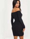 Spring Women Sexy Black Off Shoulder Long Sleeve Ruched Bodycon Dress