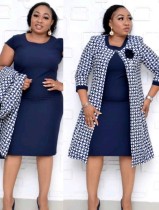 Spring Blue Short Sleeve Midi Dress and Printed Long Coat Mother Of The Bride Two Piece Dress