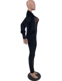 Spring Women Black Velvet Mesh Patch Long Sleeve Zipper Up Slim Jumpsuit