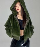 Winter Women Casual Green Zipper Up Long Sleeve Short Fleece Hoody Coat