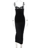 Winter Women Sexy Black Velvet Hollow Out Ruched Straps Slim Long Dress