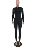 Spring Women Sexy Black Zipper Up Long Sleeve Fitness Jumpsuit