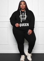 Spring Women Plus Size Casual Printed Black Long Sleeve Hoodies and Sweatpants Two Piece Set Wholesale Sportswear