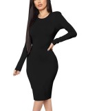 Spring Women Sexy Black Round Neck Long Sleeve Slim Bodycon Midi Dress