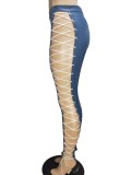 Summer Women Sexy Blue Side Lace Up Hollow Out High Waist Slim PU Leather Pants