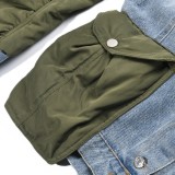 Winter Women Casual Denim Patch Ruched Long Sleeve Green Padded Coat