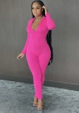 Spring Women Sexy Rose Red Zipper Up Long Sleeve Fitness Jumpsuit