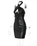 Spring Women Sexy Black Faux PU Leather Cross Halter Backless Bodycon Dress