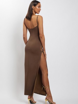 Spring Women Sexy Brown Straps Side Hollow Out Slit Long Dress