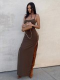 Spring Women Sexy Brown Straps Side Hollow Out Slit Long Dress