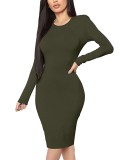 Spring Women Sexy Green Round Neck Long Sleeve Slim Bodycon Midi Dress