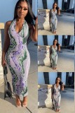 Summer Women Sexy Purple Printed U Neck Halter Backless Bodycon Long Dress
