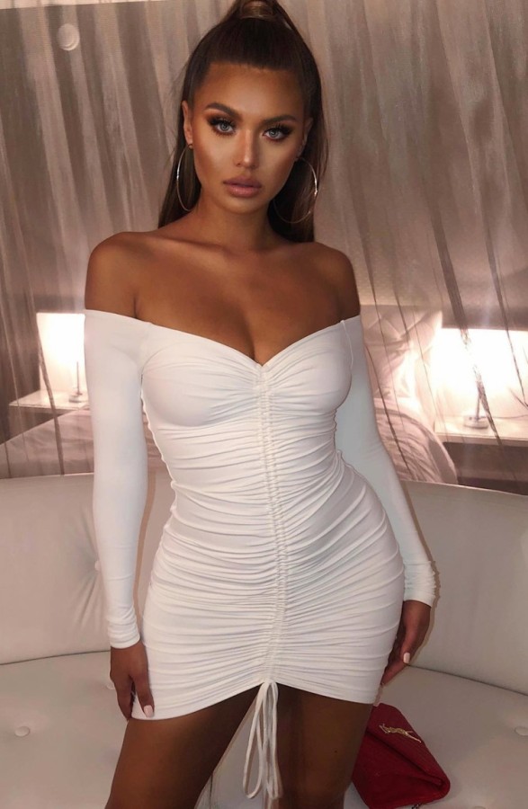 Spring Women Sexy White Off Shoulder Long Sleeve Ruched Bodycon Dress