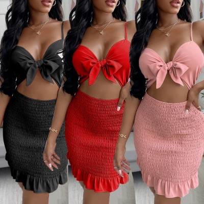 Summer Women Sexy Red Bow Tied Cutout Sling Ruched Ruffled Club Dress