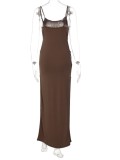 Spring Women Sexy Brown Straps Side Hollow Out Slit Long Dress