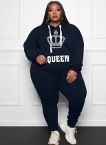 Spring Women Plus Size Casual Printed Dark Blue Long Sleeve Hoodies and Sweatpants Two Piece Set Wholesale Sportswear