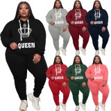 Spring Women Plus Size Casual Printed Black Long Sleeve Hoodies and Sweatpants Two Piece Set Wholesale Sportswear