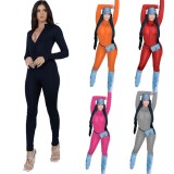 Spring Women Sexy Rose Red Zipper Up Long Sleeve Fitness Jumpsuit