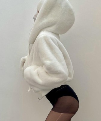 Winter Women Casual White Zipper Up Long Sleeve Short Fleece Hoody Coat