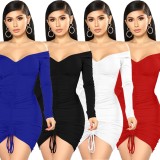 Spring Women Sexy Blue Off Shoulder Long Sleeve Ruched Bodycon Dress