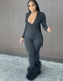 Spring Women Sexy Black Zipper Up Long Sleeve Fitness Jumpsuit