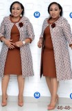 Spring Brown Short Sleeve Midi Dress and Printed Long Coat Mother Of The Bride Two Piece Dress