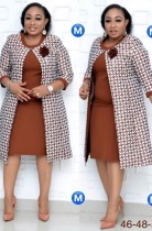 Spring Brown Short Sleeve Midi Dress and Printed Long Coat Mother Of The Bride Two Piece Dress