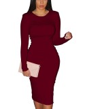 Spring Women Sexy Wine Red Round Neck Long Sleeve Slim Bodycon Midi Dress