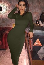 Spring Women Sexy Green Round Neck Long Sleeve Slim Bodycon Midi Dress