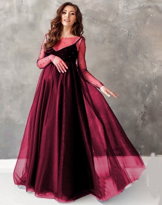 Spring Elegant Red Bubble Bead Mesh Long Sleeve Maternity Evening Dress