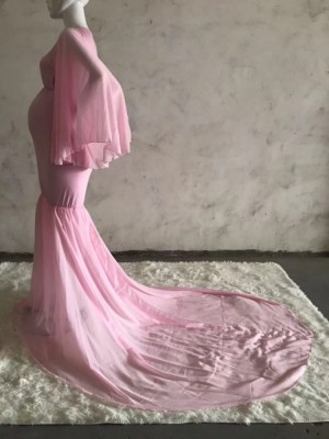 Spring Elegant Pink Puffed Long Sleeve Maternity Long Dress
