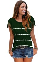 Summer Casual Cotton Green Stripe Print Tassels Short Sleeve T Shirt