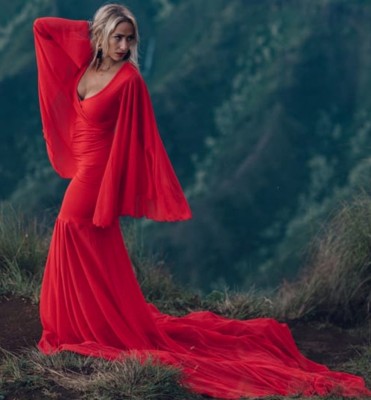 Spring Elegant Red Puffed Long Sleeve Maternity Long Dress