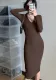 Spring Sexy Kahaki Deep V Neck Long Sleeve Slim Midi Dress