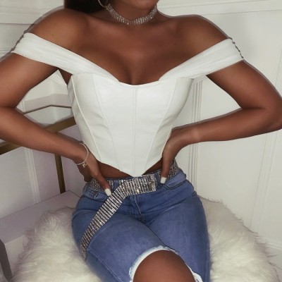 Spring Sexy White Off Shoulder Pu Leather Crop Top