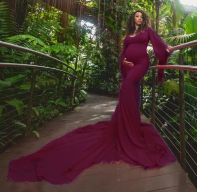 Spring Elegant Wine Puffed Long Sleeve Maternity Long Dress