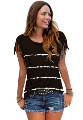 Summer Casual Cotton Black Stripe Print Tassels Short Sleeve T Shirt