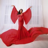 Spring Elegant Red Puffed Long Sleeve Maternity Long Dress