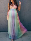 Summer Elegant Tie Dye Mesh Sleeveless Long Sleeve Photography Maternity Long Dress