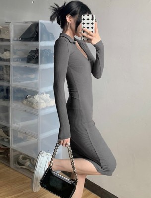 Spring Sexy Grey Deep V Neck Long Sleeve Slim Midi Dress