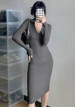 Spring Sexy Grey Deep V Neck Long Sleeve Slim Midi Dress