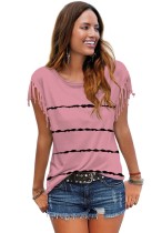Summer Casual Cotton Pink Stripe Print Tassels Short Sleeve T Shirt