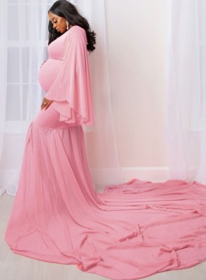 Spring Elegant Pink Puffed Long Sleeve Maternity Long Dress