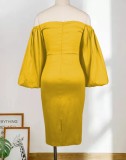 Spring Sexy Yellow Off Shoulder Puffed Sleeve Slim Midi Dress