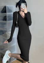Spring Sexy Black Deep V Neck Long Sleeve Slim Midi Dress