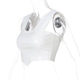 Spring Sexy White Off Shoulder Pu Leather Crop Top