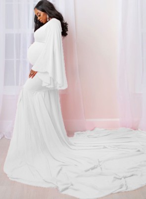 Spring Elegant White Puffed Long Sleeve Maternity Long Dress
