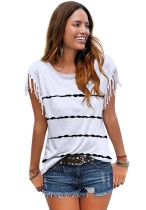 Summer Casual Cotton White Stripe Print Tassels Short Sleeve T Shirt