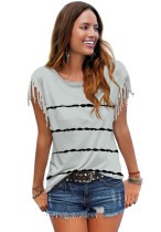 Summer Casual Cotton Grey Stripe Print Tassels Short Sleeve T Shirt