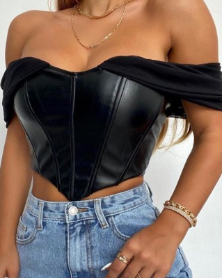 Spring Sexy Black Off Shoulder Pu Leather Crop Top